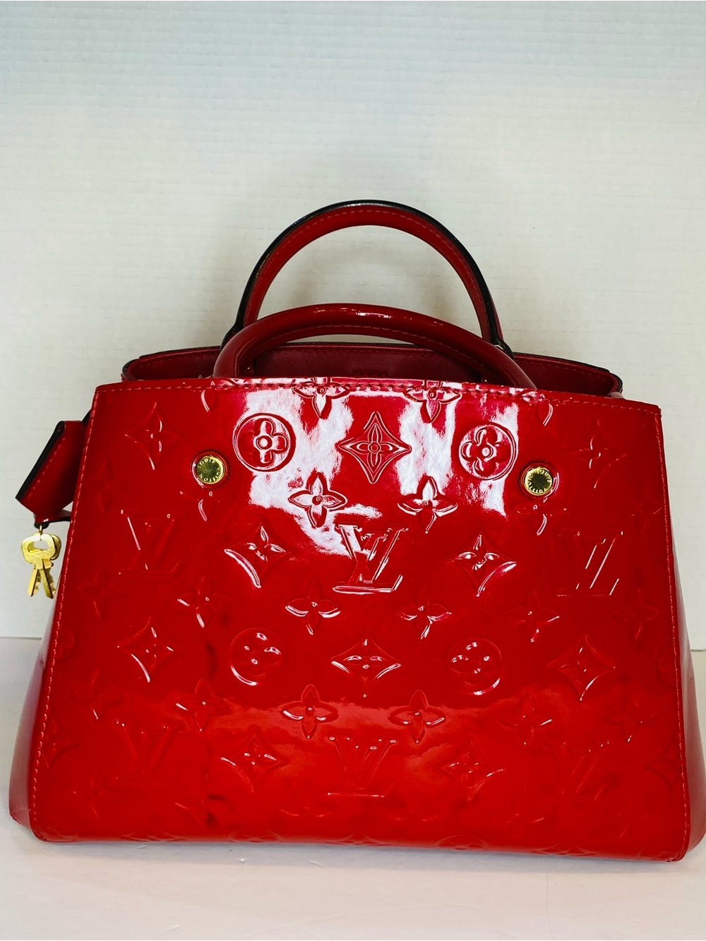 Louis Vuitton Montaigne MM Red Patent Vernis Satchel with Gold Hardware
